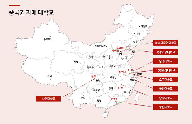 중국권 자매 대학교
	베이징(북경외국어대학교,북경이공대학교) / 난징(남경대학교,남경효장대학교,소주대학교) / 허페이(황산대학교) / 난창(난창대학교) / 황저우(중산대학교) / 청두(사천대학교)